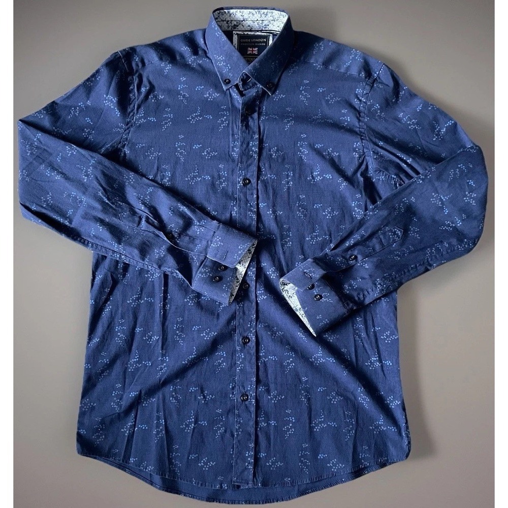 Guide London Long Sleeve Button Up Shirt Blue All Over AOP Geometric Medium JBHS